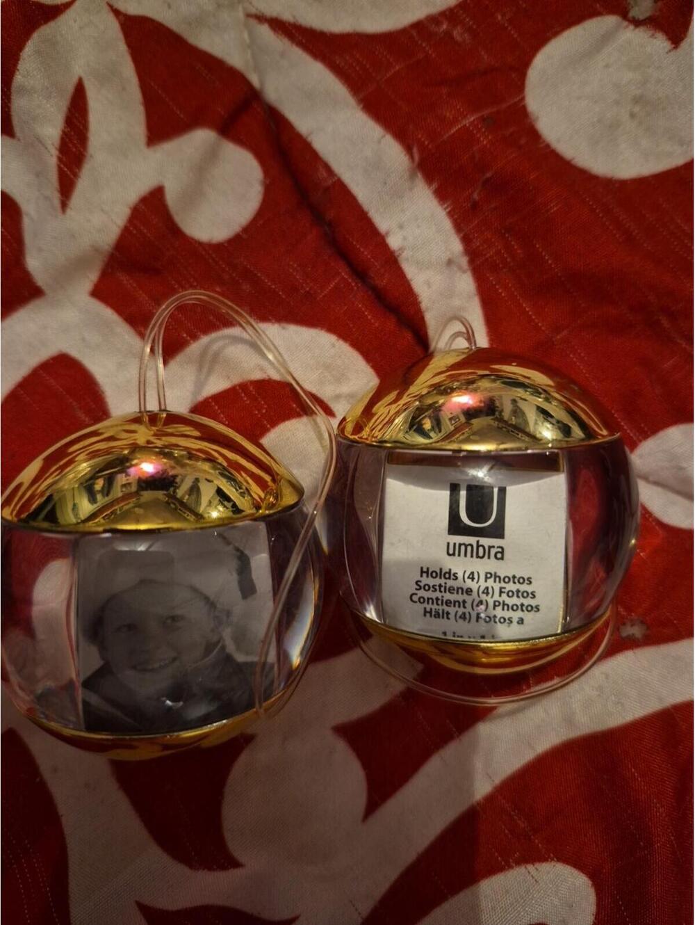 Lot of 2 Umbra Fotoball Christmas Ornament Red Holds 4 Picture Holder Unique NWT